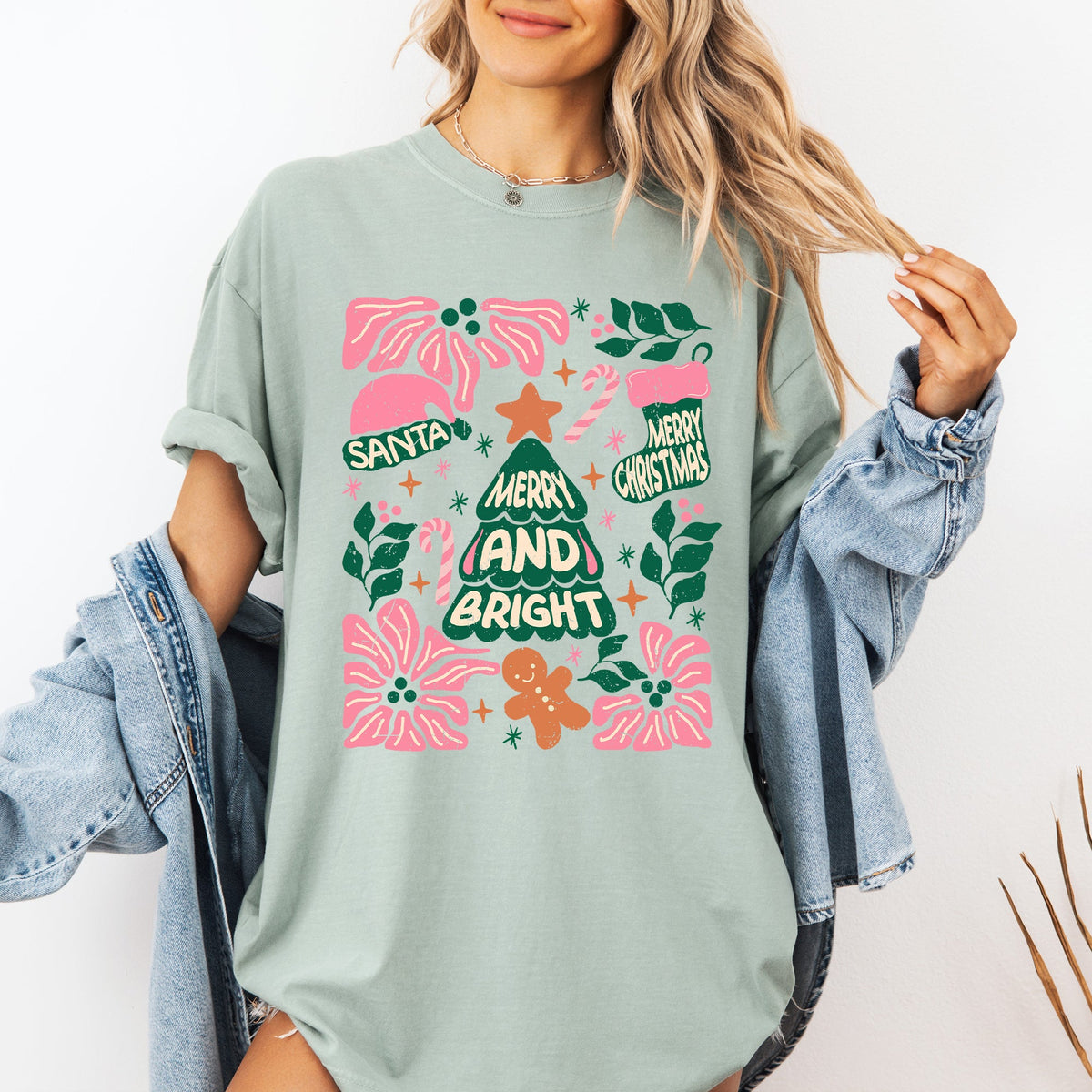 Merry Christmas Candy Cane Tree Floral Display With Poinsettias And Seasonal Joy Comfort Colors Tee