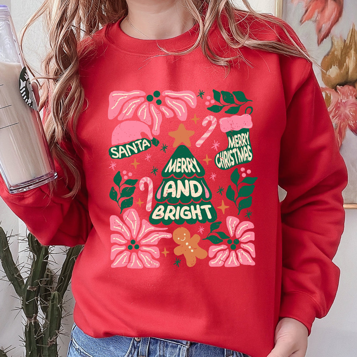 Pink Merry And Bright Candy Cane Tree Christmas Flowers Floral Holiday Design Sweatshirt