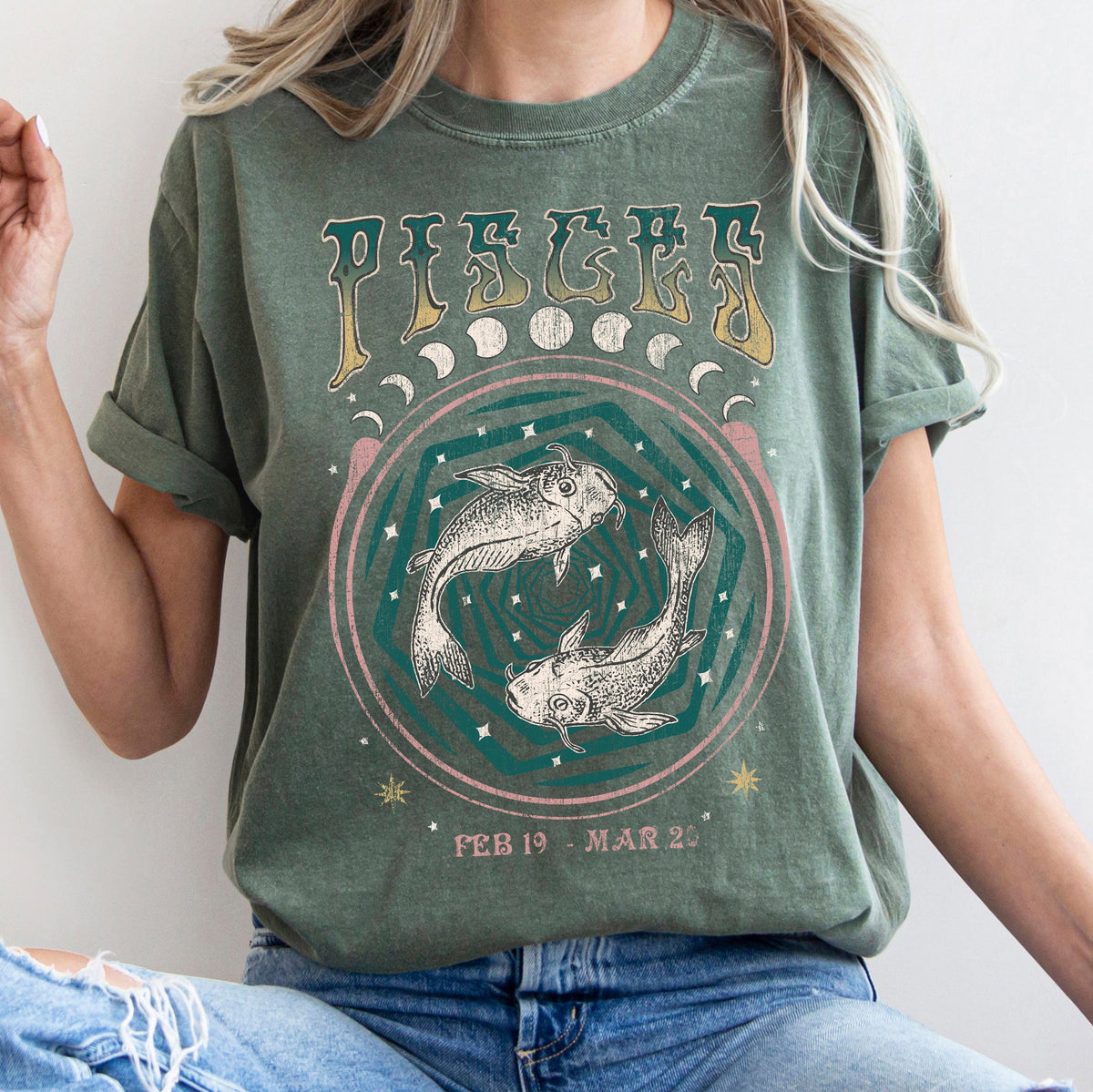 Pisces Zodiac Horoscope Astrology Mystic Moon Phases Celestial Art Print For Astrology Lovers Comfort Colors Tee