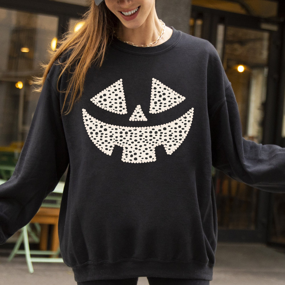 Polka Dot Jack-O-Lantern Dalmatian Pumpkin Witch Halloween Costume Trick-Or-Treat Sweatshirt