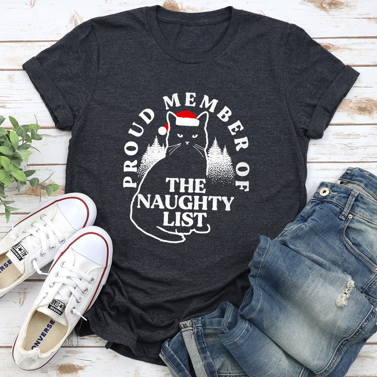 Proud Member Of The Naughty List Cat Christmas Santa Claus Illustration Graphic Tee