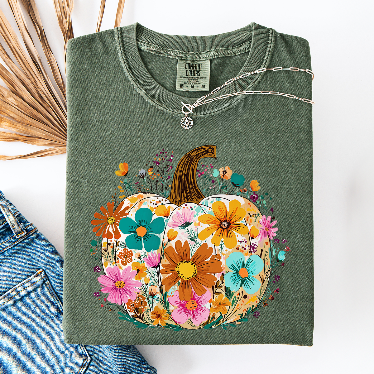 Pumpkin Floral Watercolor Leopard Print Pumpkins Bouquet Halloween Fall Comfort Colors Tee