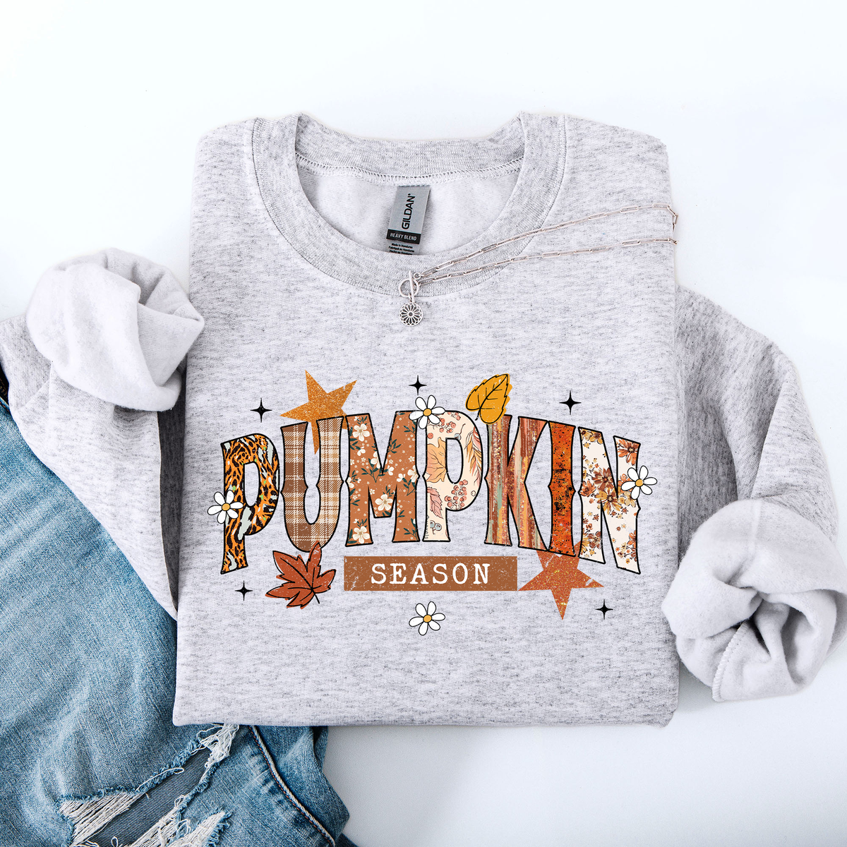 Pumpkin Season, Stars and Leaves Autumn Floral Pattern Cozy Weekend Wear Sweatshirt