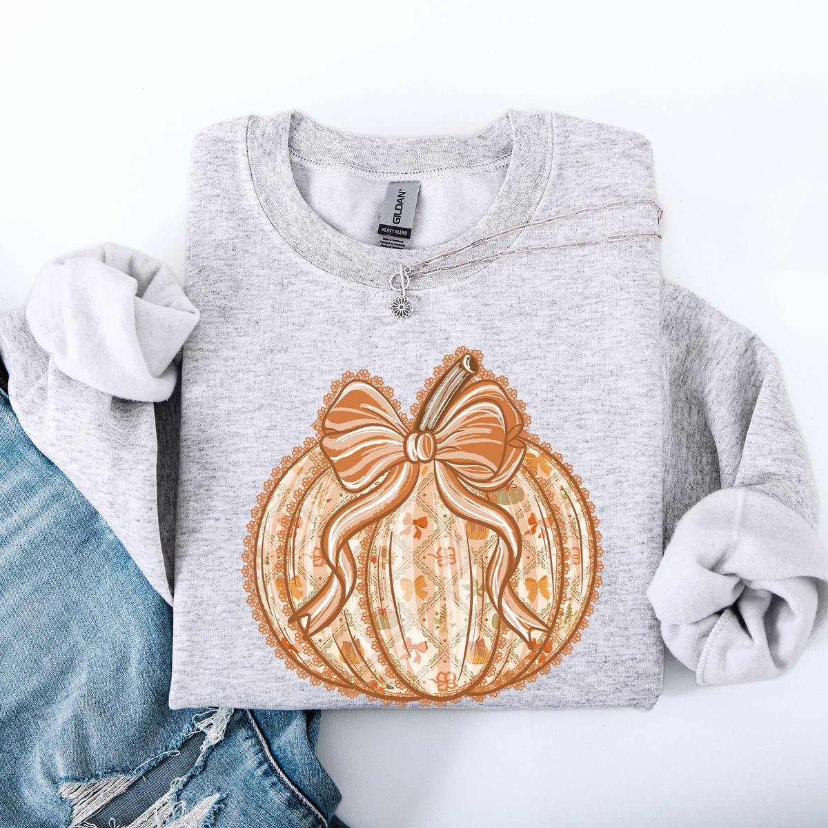 Pumpkin Faux Lace Coquette Pattern Cozy Autumn Inspired Premium Soft Cotton Blend Layering Sweatshirt