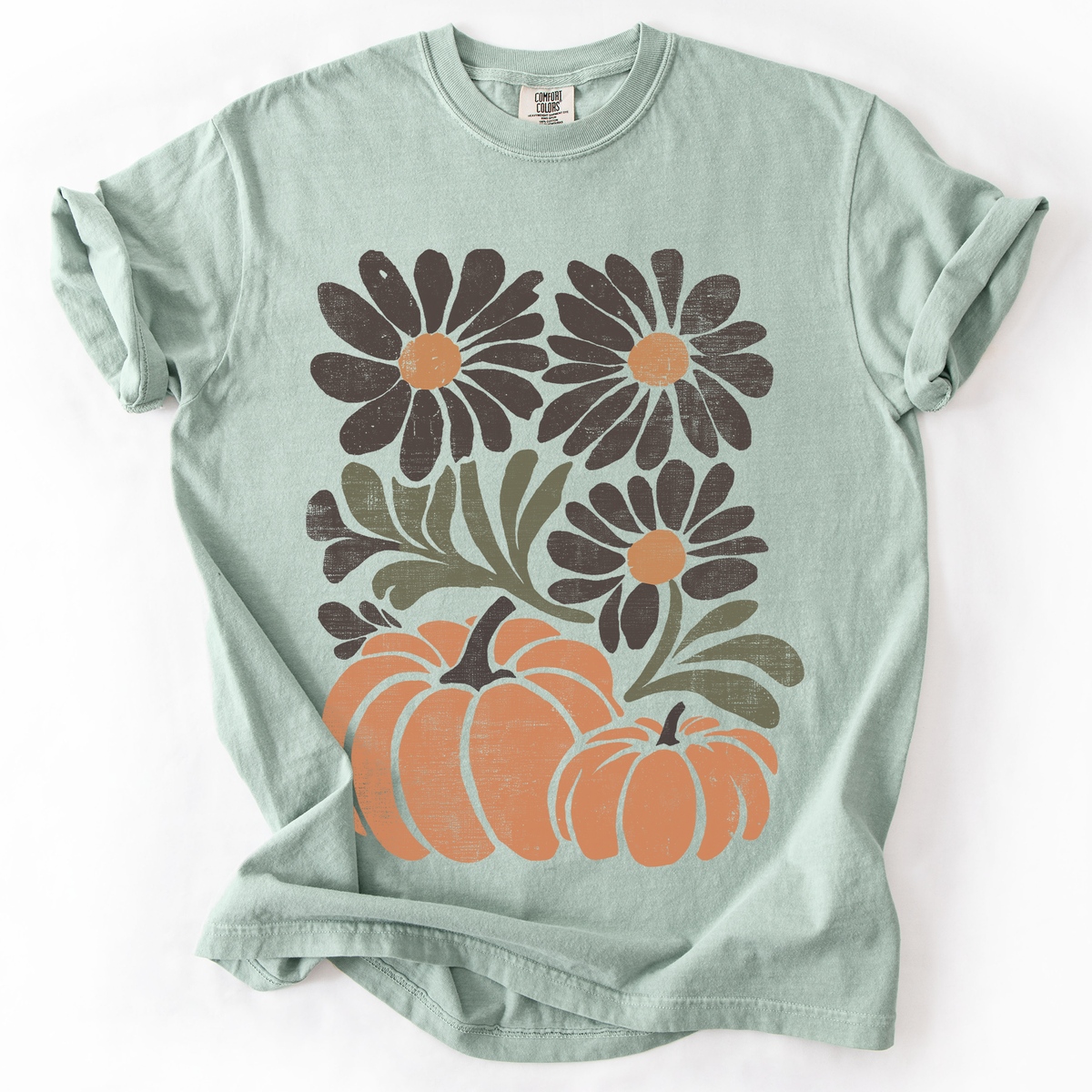 Pumpkins And Flowers Watercolor Allover Print Halloween Autumn Comfort Colors Tee