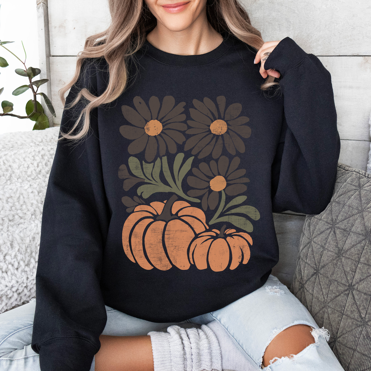 Pumpkins and Flowers Watercolor Autumn Florals Sunflowers Cozy Seasonal Print Sweatshirt