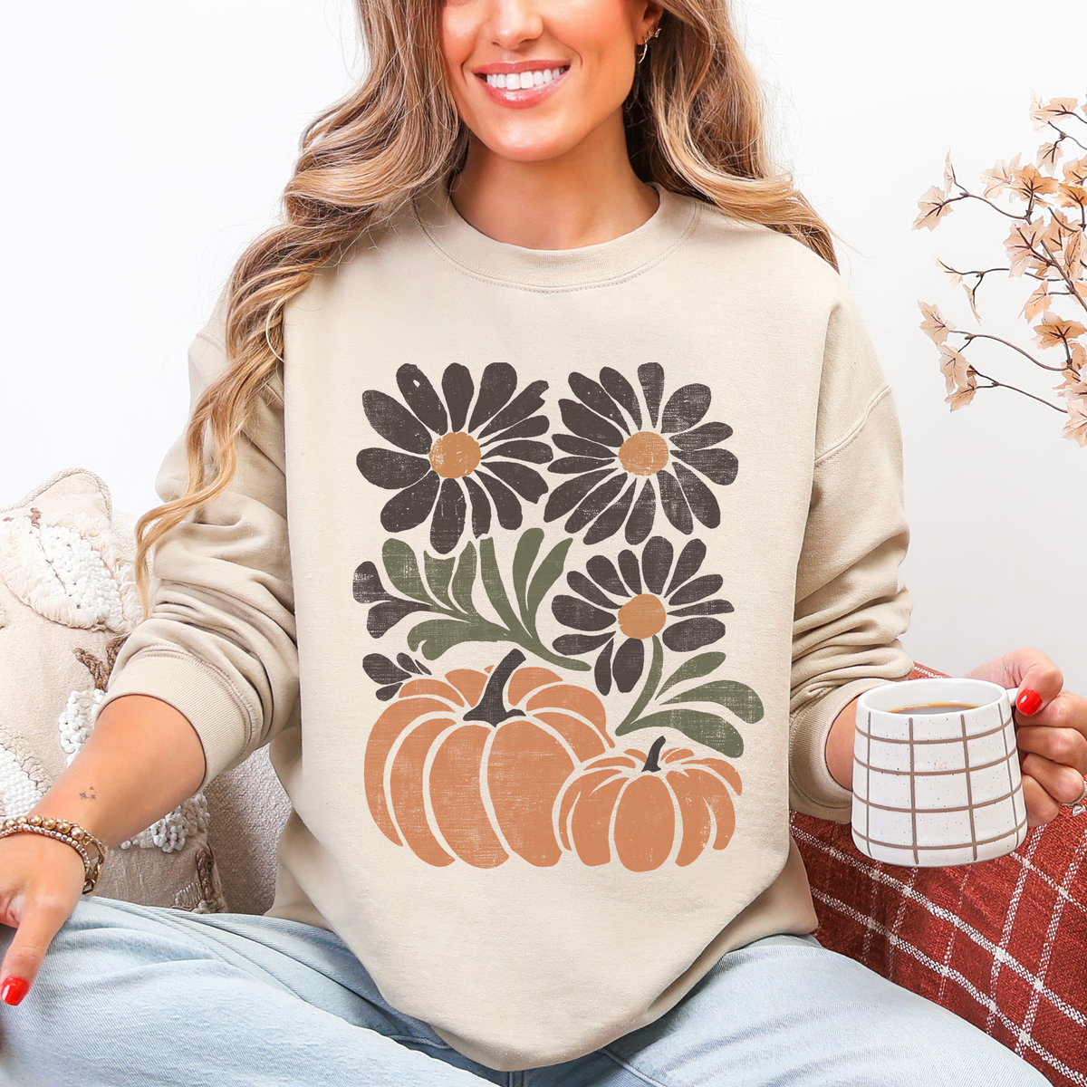 Pumpkins and Flowers Watercolor Autumn Florals Sunflowers Cozy Seasonal Print Sweatshirt
