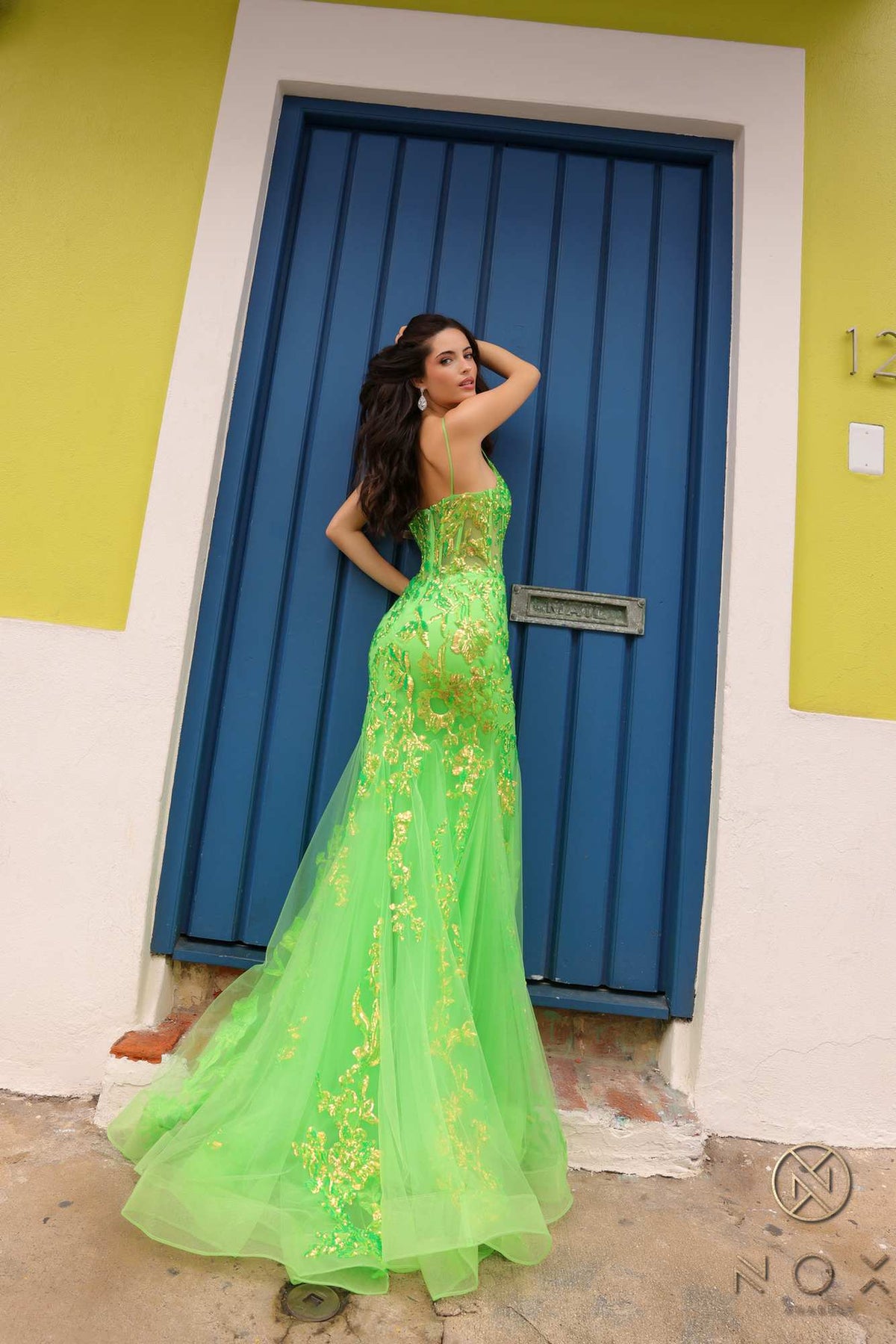 Nox Anabel Q1390 Long Fitted Sequin Applique Trumpet Skirt Gown