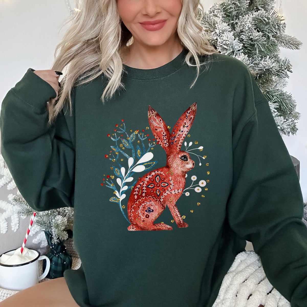 Rabbit Folk Art Inspired Scandinavian Winter Christmas Illustrated Cozy Holiday Graphic Sweatshirt