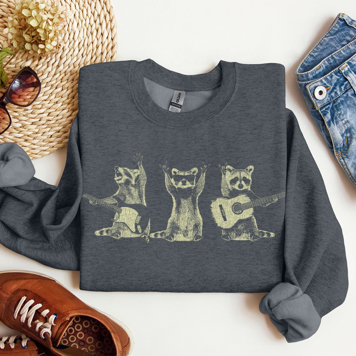 Raccoon Band Playing Guitar Funny Animals Cartoon Graphic Art Illustration Sweatshirt