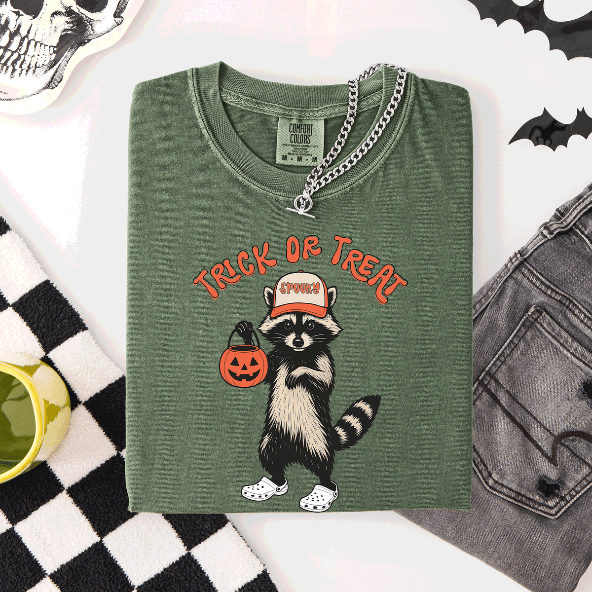 Raccoon Trick Or Treat Halloween Spooky Nighttime Illustration Artwork Comfort Colors Tee