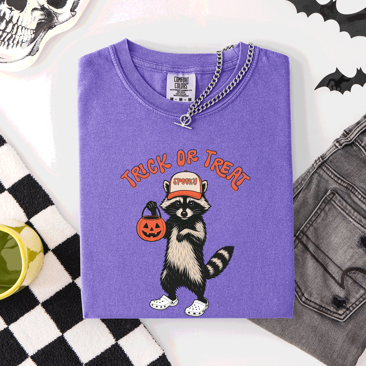 Raccoon Trick Or Treat Halloween Spooky Nighttime Illustration Artwork Comfort Colors Tee