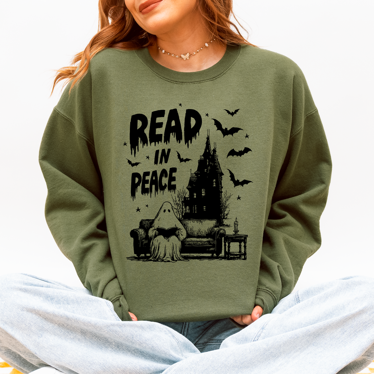 Read In Peace Ghost Haunted Halloween Spooky Bookish Library Booktok Graphic Sweatshirt