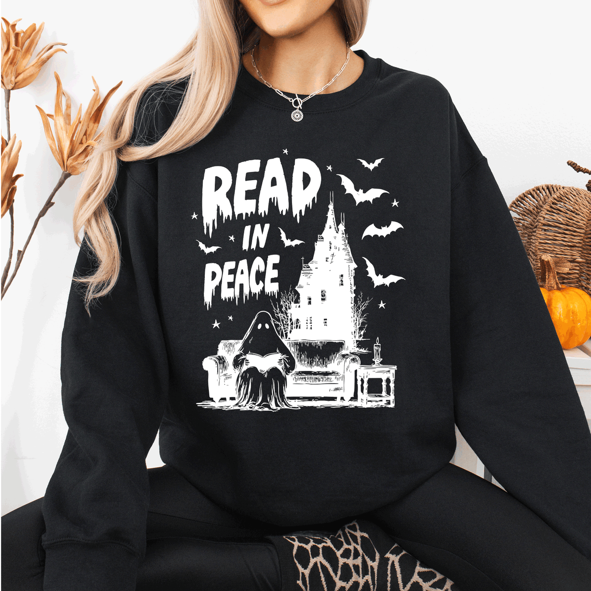 Read In Peace Ghost Haunted Halloween Spooky Bookish Library Booktok Graphic Sweatshirt