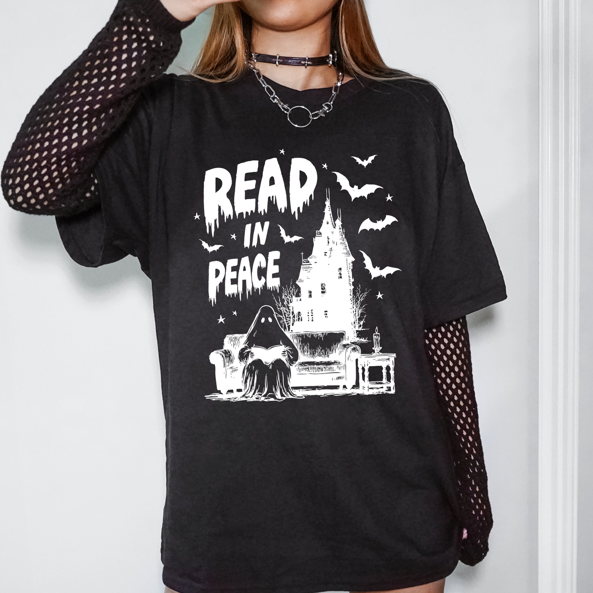Read In Peace Ghost Haunted Halloween Spooky Bookish Library Booktok Graphic Tee