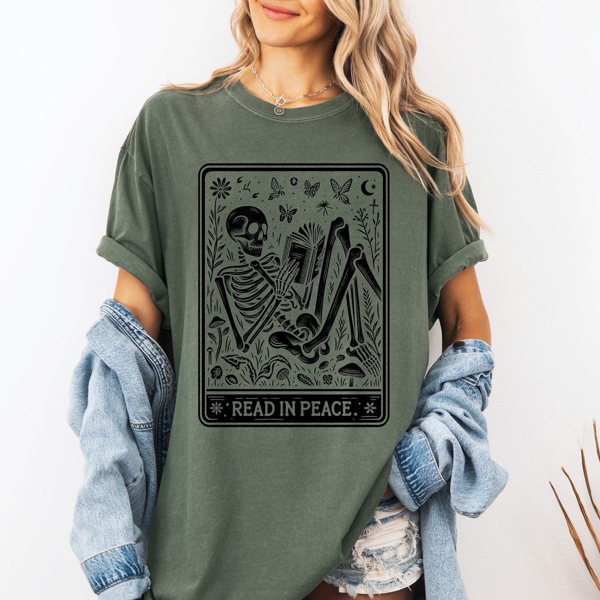 Read In Peace Halloween Skeleton Tarot Books Library Spooky Edition Comfort Colors Tee