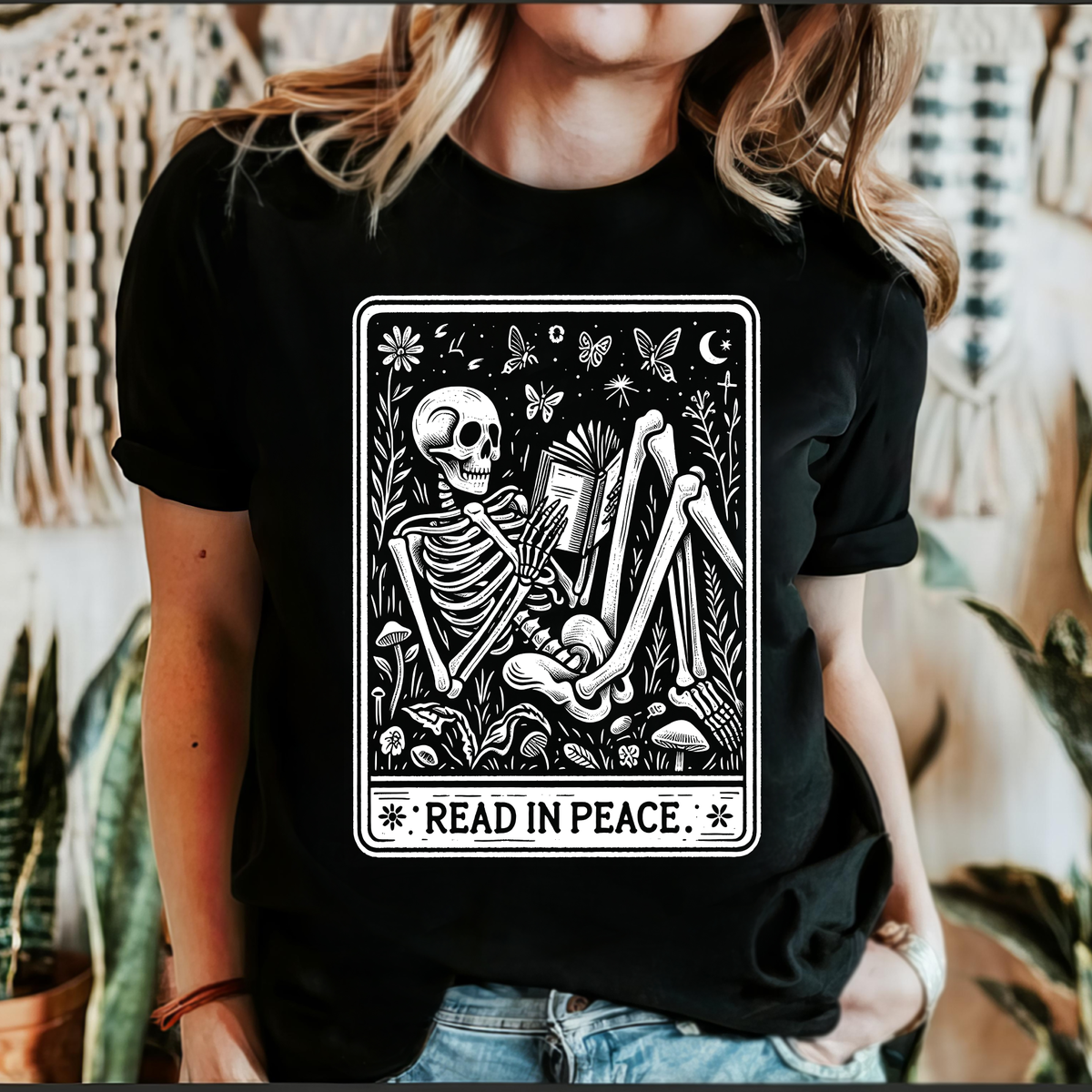 Read In Peace Tarot Skeleton Halloween Booktok Library Bookish Literary Gothic Cozy Graphic Tee