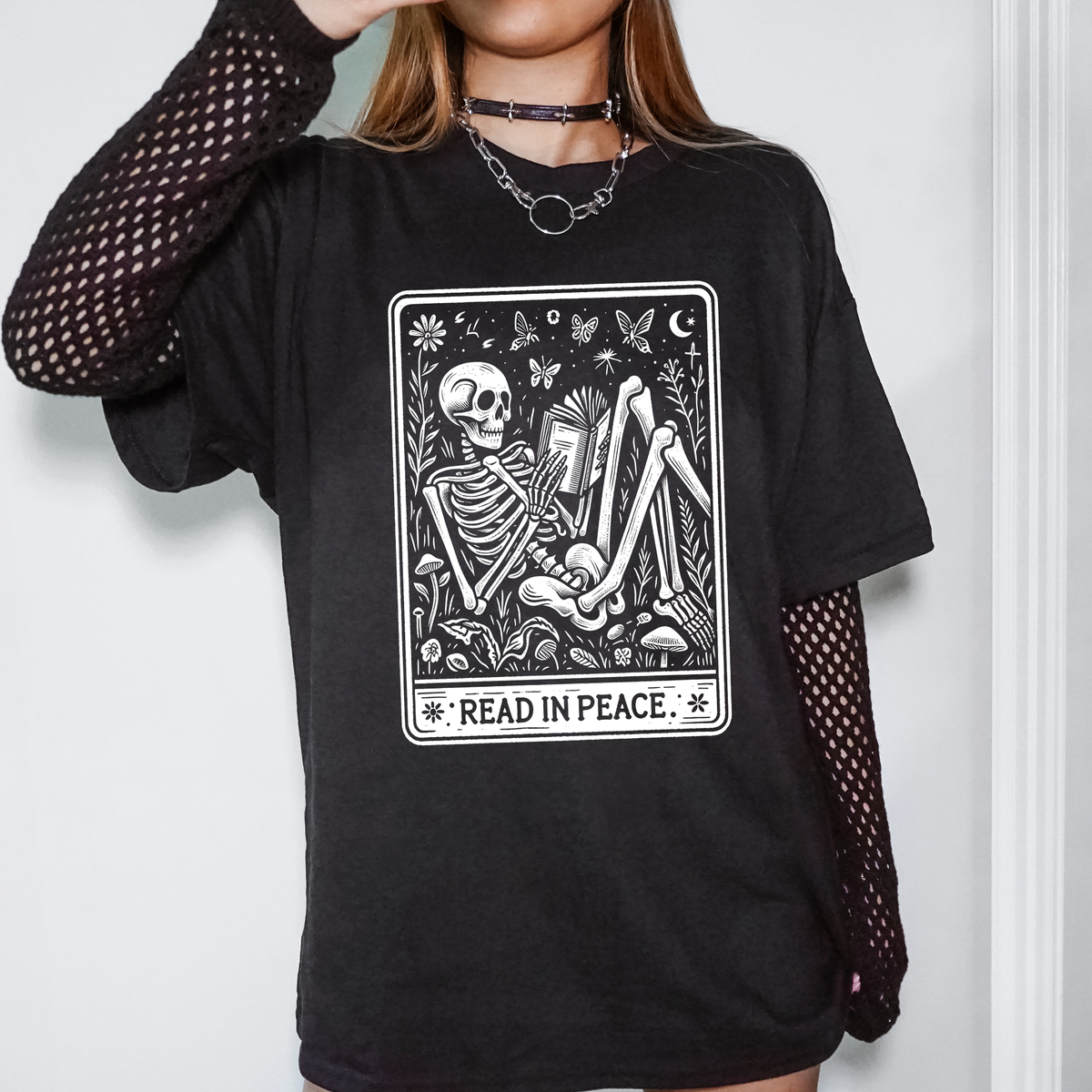 Read In Peace Tarot Skeleton Halloween Booktok Library Bookish Literary Gothic Cozy Graphic Tee