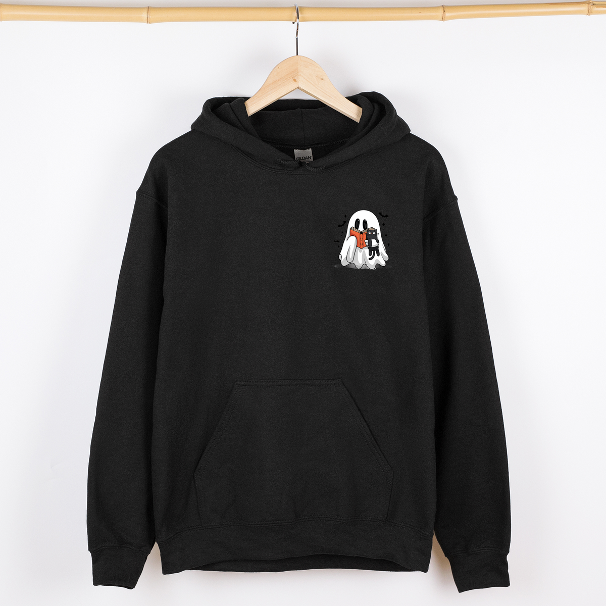 Reading Ghost Cat Pocket Bookish Halloween Library Cozy Spooky Night Graphic Hoodie
