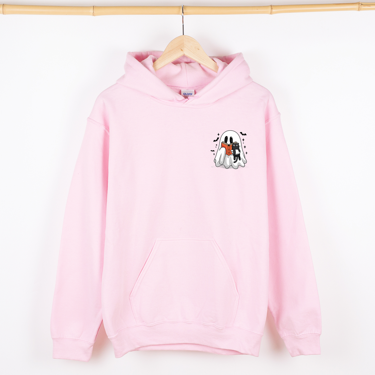 Reading Ghost Cat Pocket Bookish Halloween Library Cozy Spooky Night Graphic Hoodie