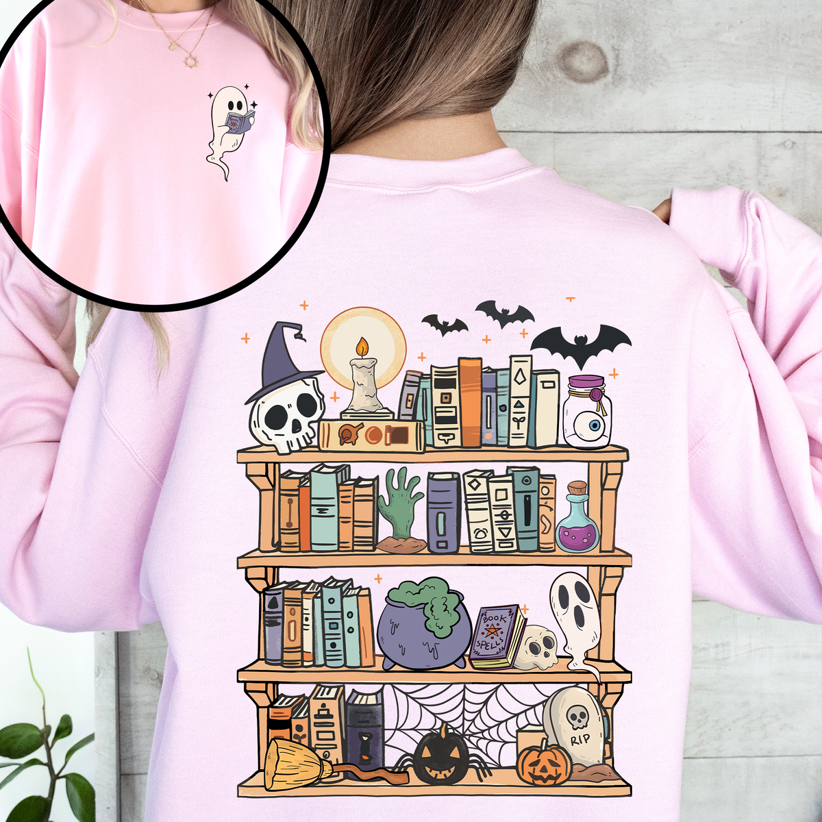 Reading Ghost Library Halloween Spooky Boo Front And Back Teacher Book Lover Sweatshirt