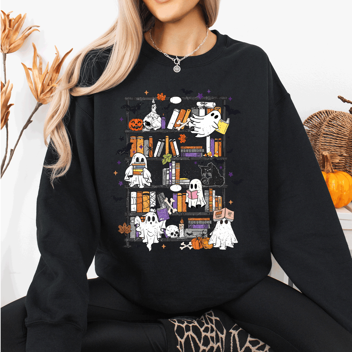 Reading Ghosts Bookish Library Spooky Halloween BookTok Cozy Seasonal Graphic Sweatshirt