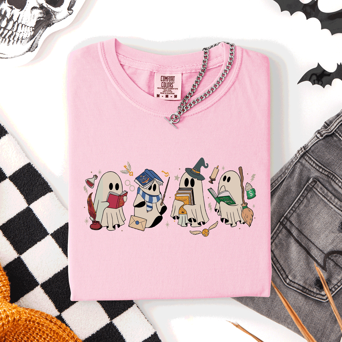 Reading Ghosts, Witches, Wizards Halloween Night Book Lovers Illustration Comfort Colors Tee
