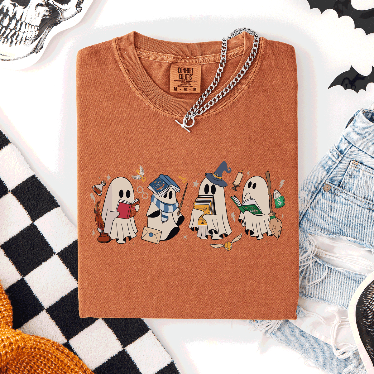 Reading Ghosts, Witches, Wizards Halloween Night Book Lovers Illustration Comfort Colors Tee