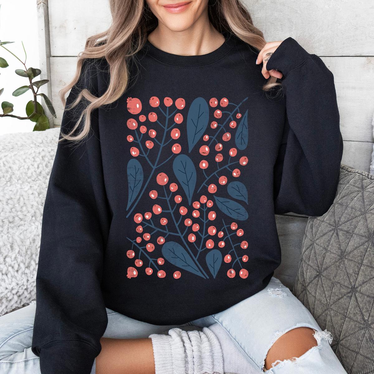 Red Berry And Leaf Botanical Vintage Boho Nature Inspired Cozy Autumn Sweatshirt