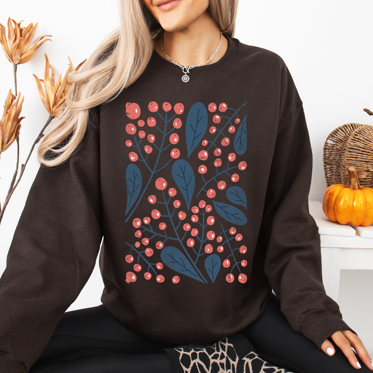 Red Berry And Leaf Botanical Vintage Boho Nature Inspired Cozy Autumn Sweatshirt