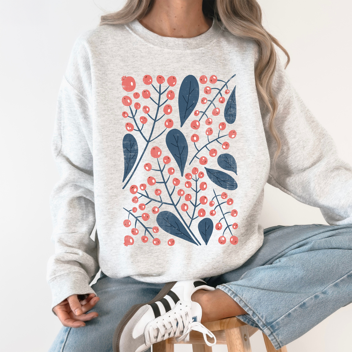 Red Berry And Leaf Botanical Vintage Boho Nature Inspired Cozy Autumn Sweatshirt