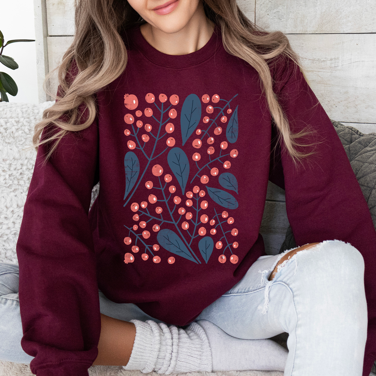 Red Berry And Leaf Botanical Vintage Boho Nature Inspired Cozy Autumn Sweatshirt