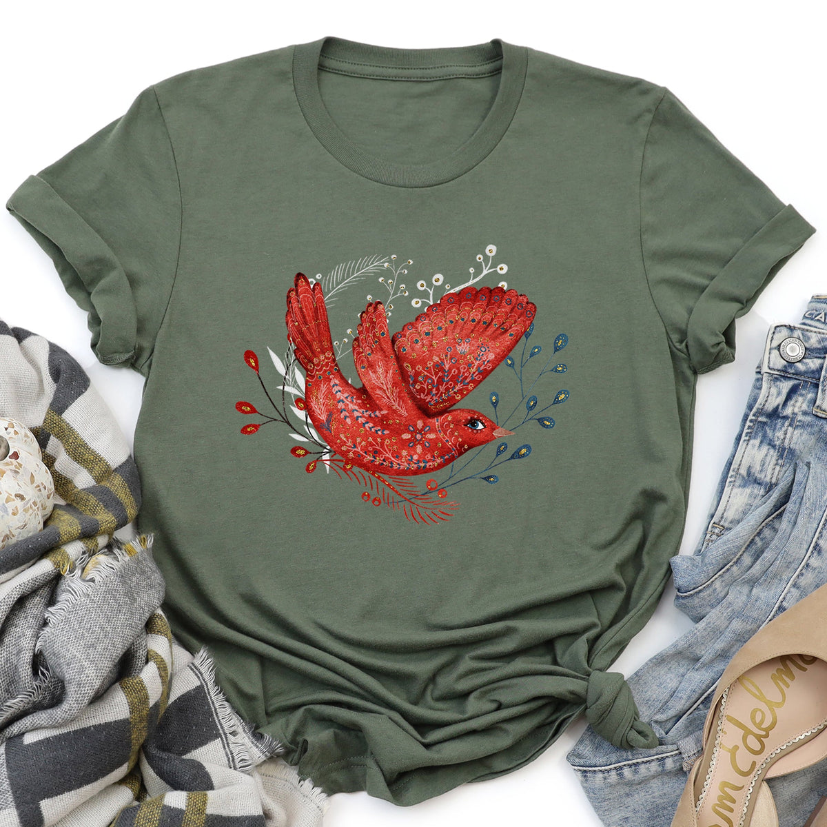 Red Bird Folk Art Scandinavian Winter Christmas Patterned Illustration Graphic Tee