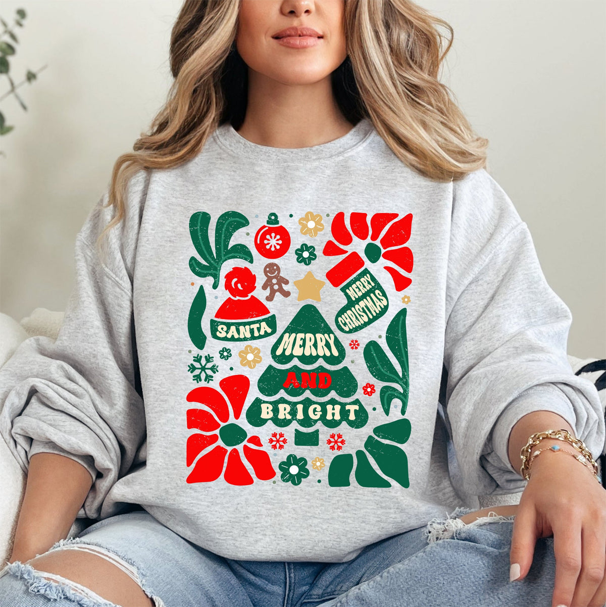 Merry And Bright Floral Ornament Tree Christmas Pattern With Festive Flowers Sweatshirt