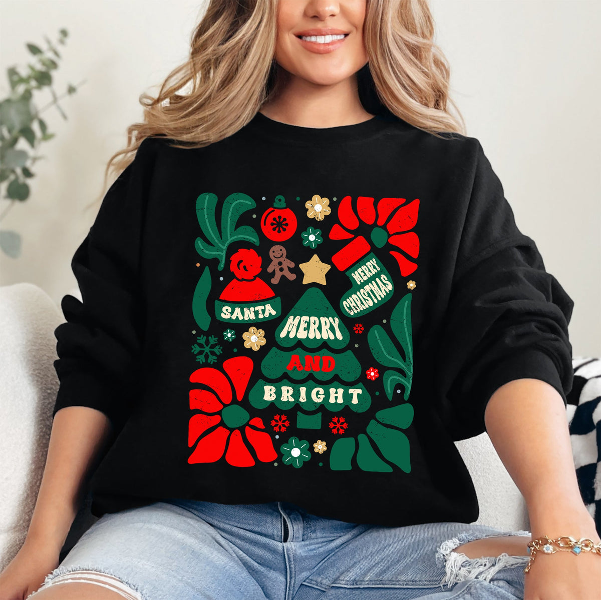 Merry And Bright Floral Ornament Tree Christmas Pattern With Festive Flowers Sweatshirt