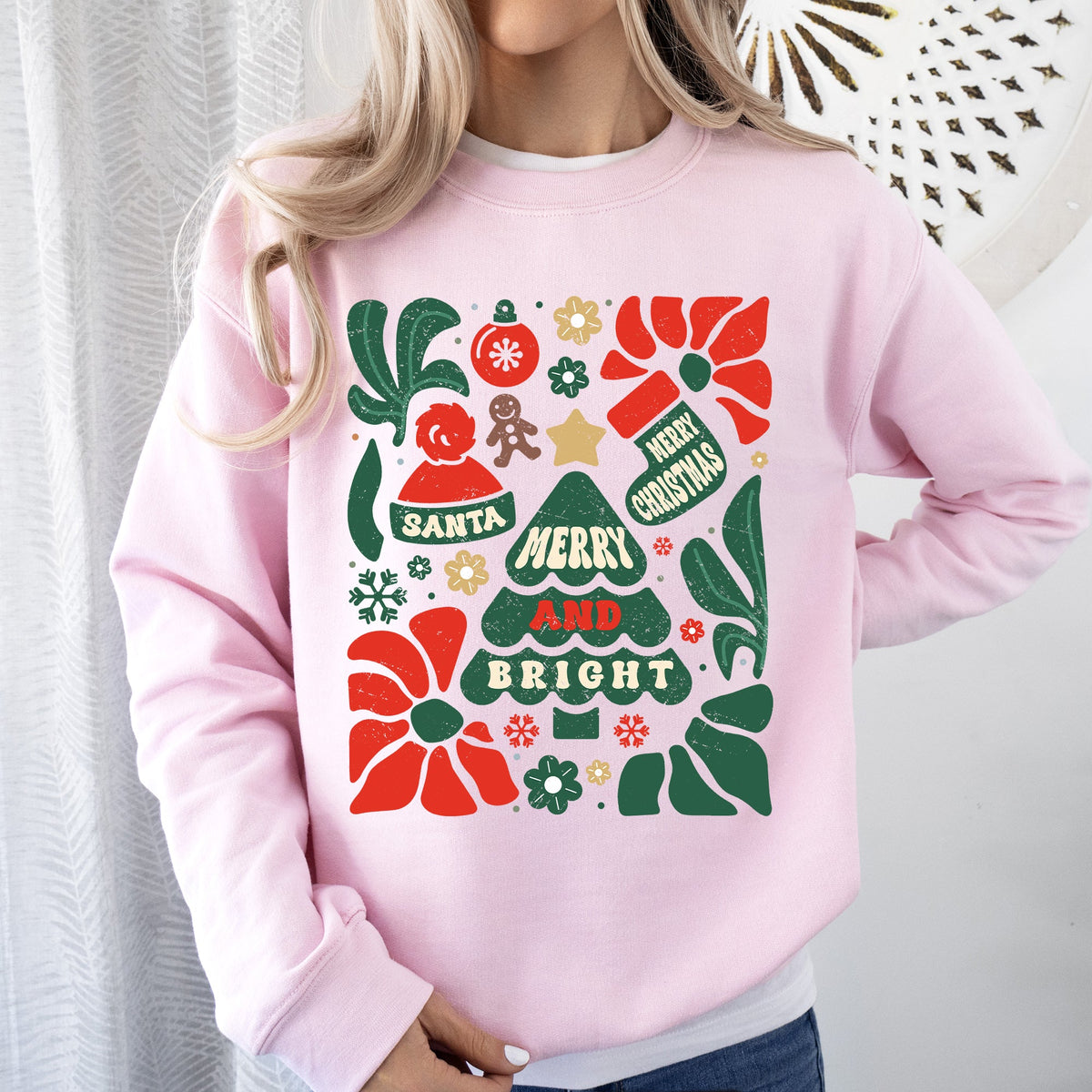 Merry And Bright Floral Ornament Tree Christmas Pattern With Festive Flowers Sweatshirt