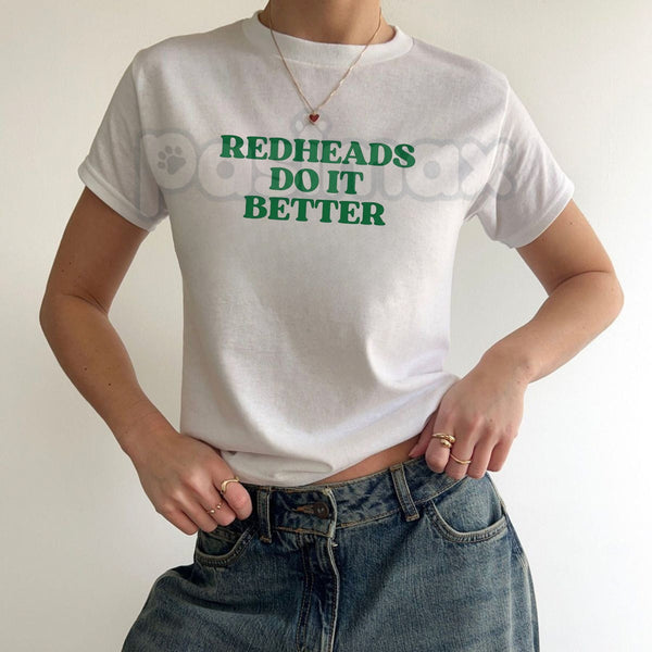 "Redheads Do It Better" Baby Tee - Sassy Red Hair Pride Graphic Top, Y2K Style Gingers Rule Crop Tee, Premium 100% Cotton Redhead Gift, Trendy Aesthetic Slogan Shirt, Soft Lived-In Heavyweight Fitted Tee