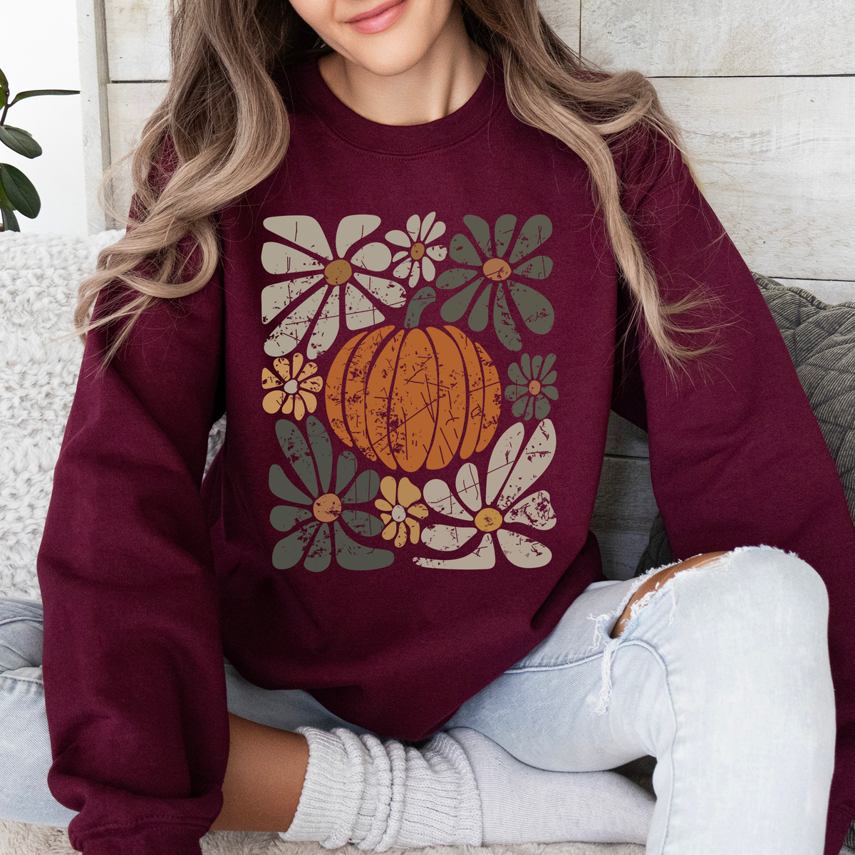 Retro Autumn Floral Pocket With Sunflowers Pumpkins Leaves And Seasonal Cozy Charm Sweatshirt