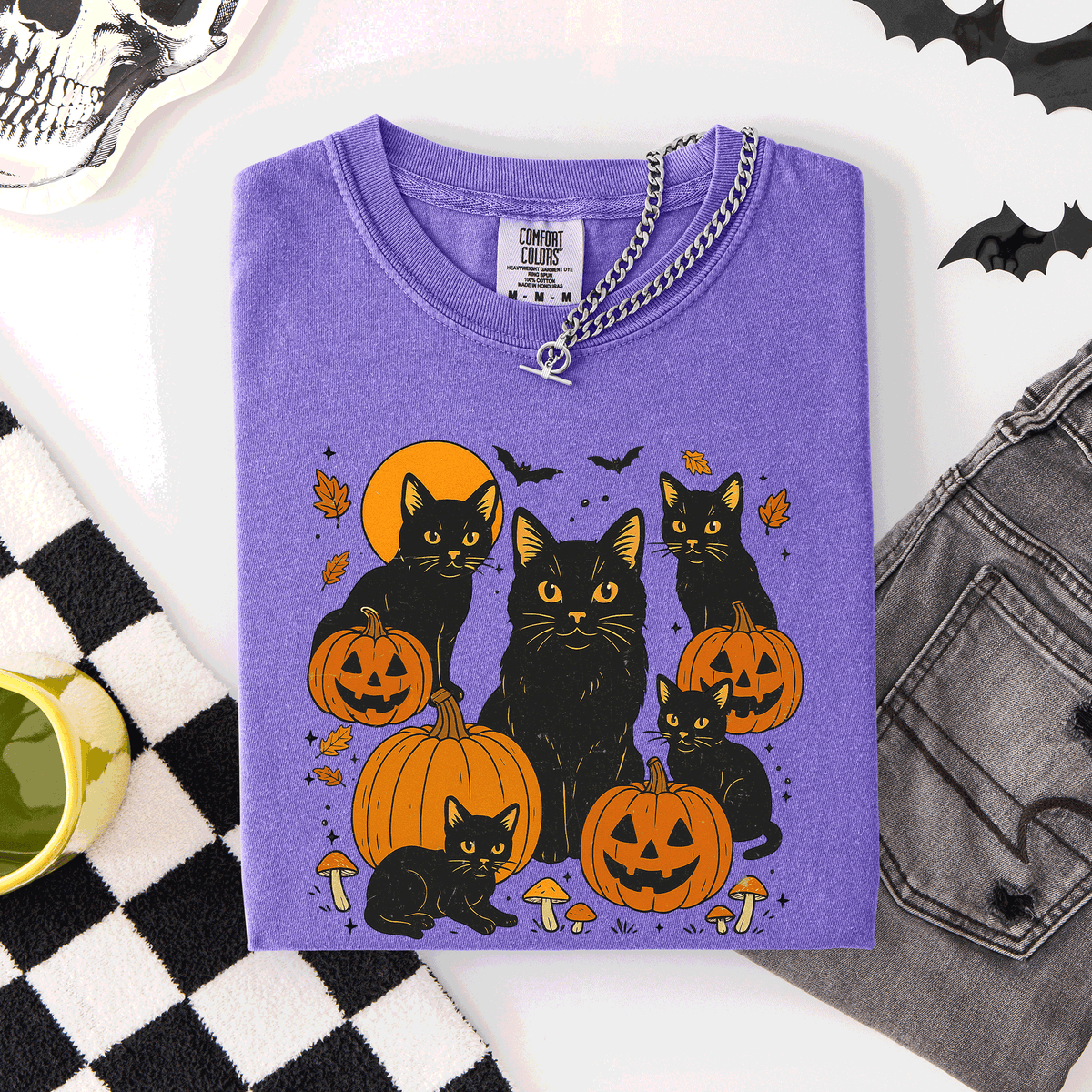 Retro Black Cats And Pumpkins Halloween Spooky Night Scene Edition Comfort Colors Tee