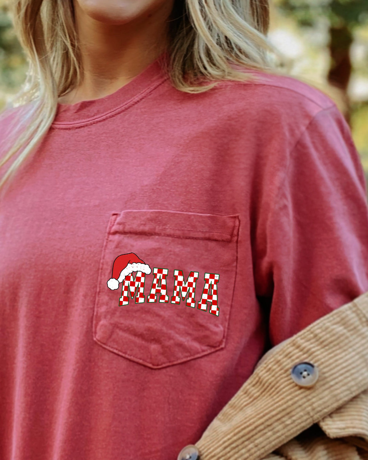 Retro Christmas Mama Checkered Pocket Santa Snow Winter Xmas Edition Comfort Colors Tee