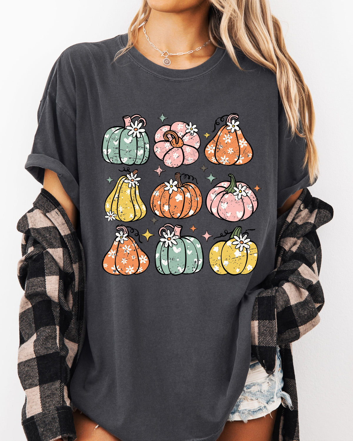 Retro Colorful Floral Pumpkins Halloween Jack-O-Lantern Fall Autumn Comfort Colors Tee