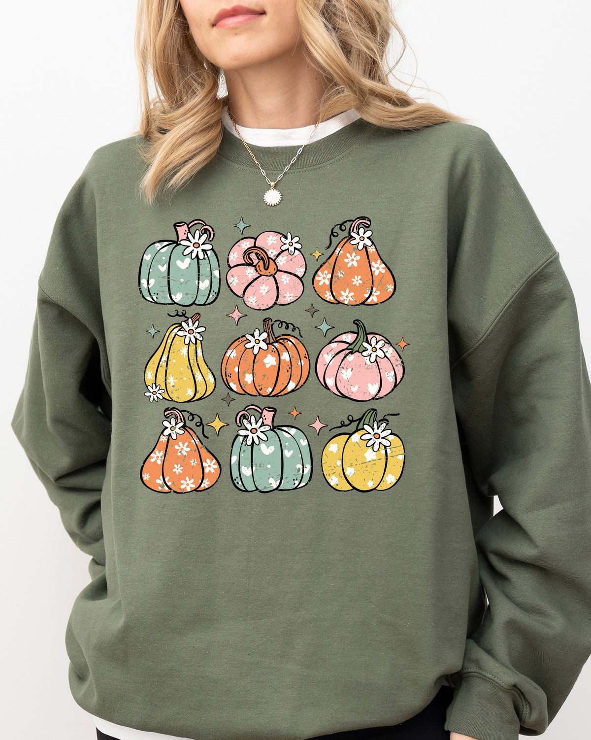 Cozy Retro Colorful Floral Pumpkins Halloween Jack-O-Lantern Fall Autumn Sweatshirt