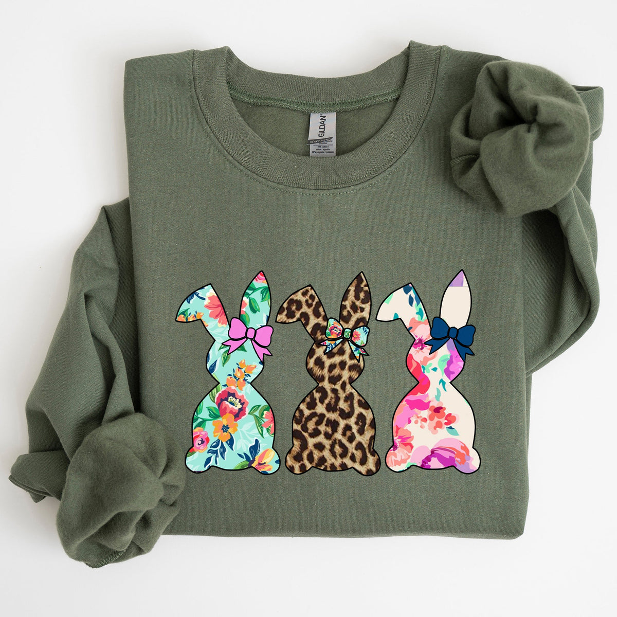 Retro Easter Rabbits Floral Leopard Bunnies Springtime Garden Graphics Sweatshirt