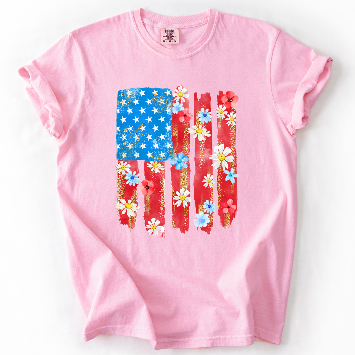 Retro Flower Flag Fourth Of July America Patriotic USA Floral Design Comfort Colors Tee