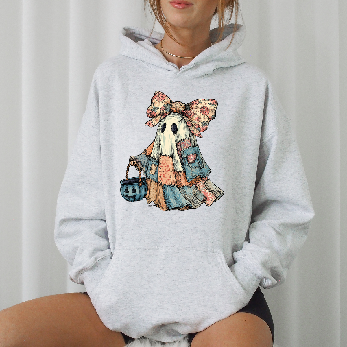 Retro Halloween Faux Denim Ghost Patchwork Spooky Ghost Coquette Hooded Sweatshirt
