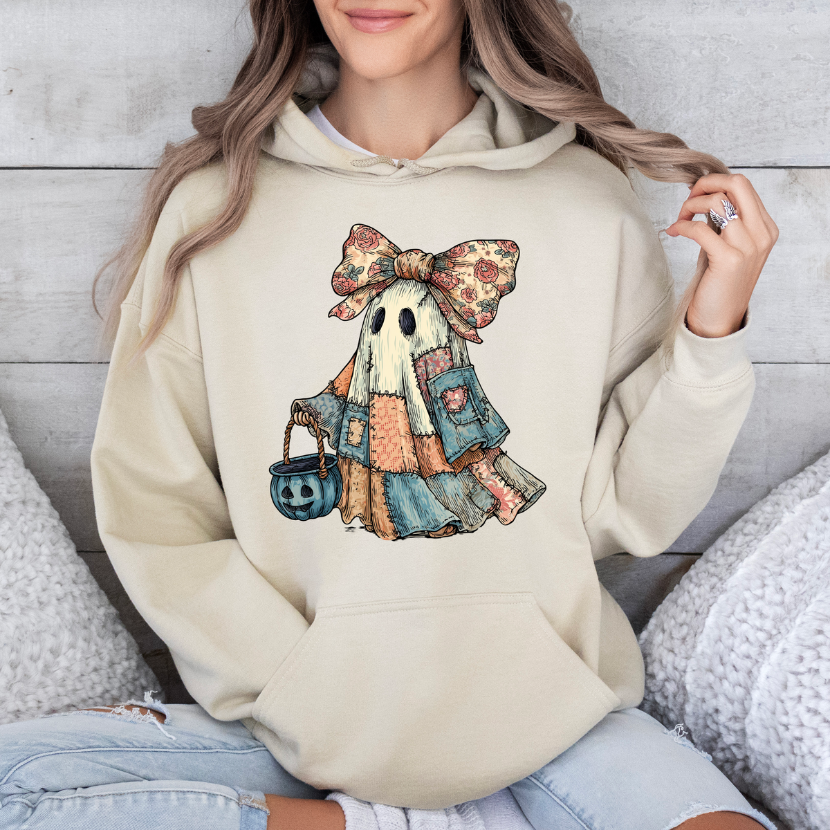 Retro Halloween Faux Denim Ghost Patchwork Spooky Ghost Coquette Hooded Sweatshirt
