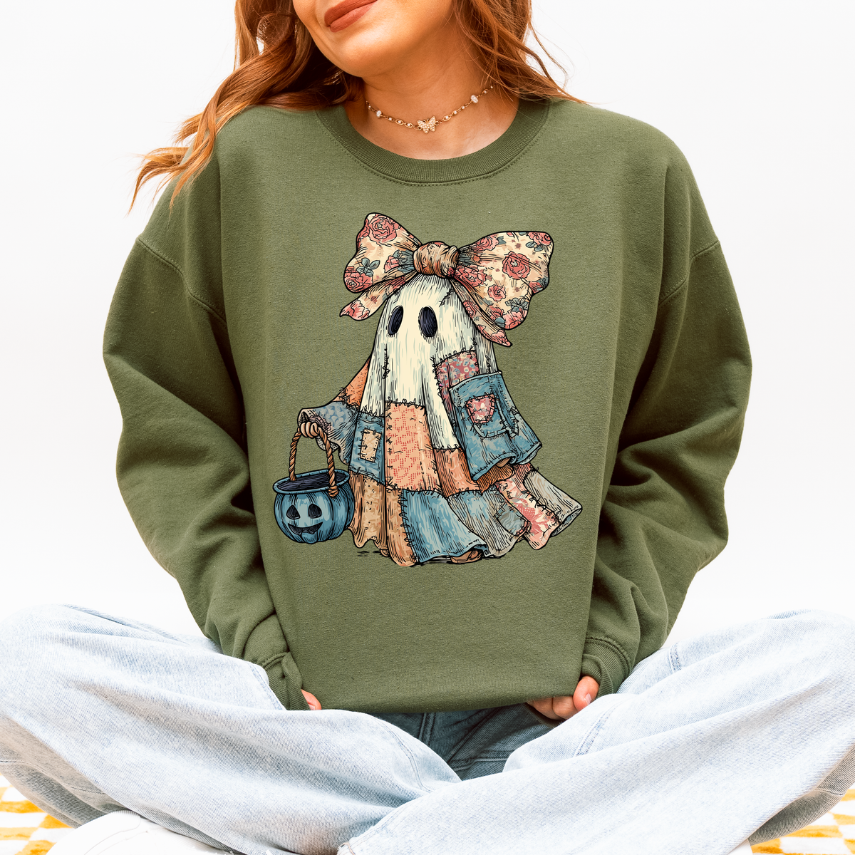 Retro Halloween Faux Denim Ghost Patchwork Spooky Ghost Coquette Boo Pumpkin Spooky Season Sweatshirt