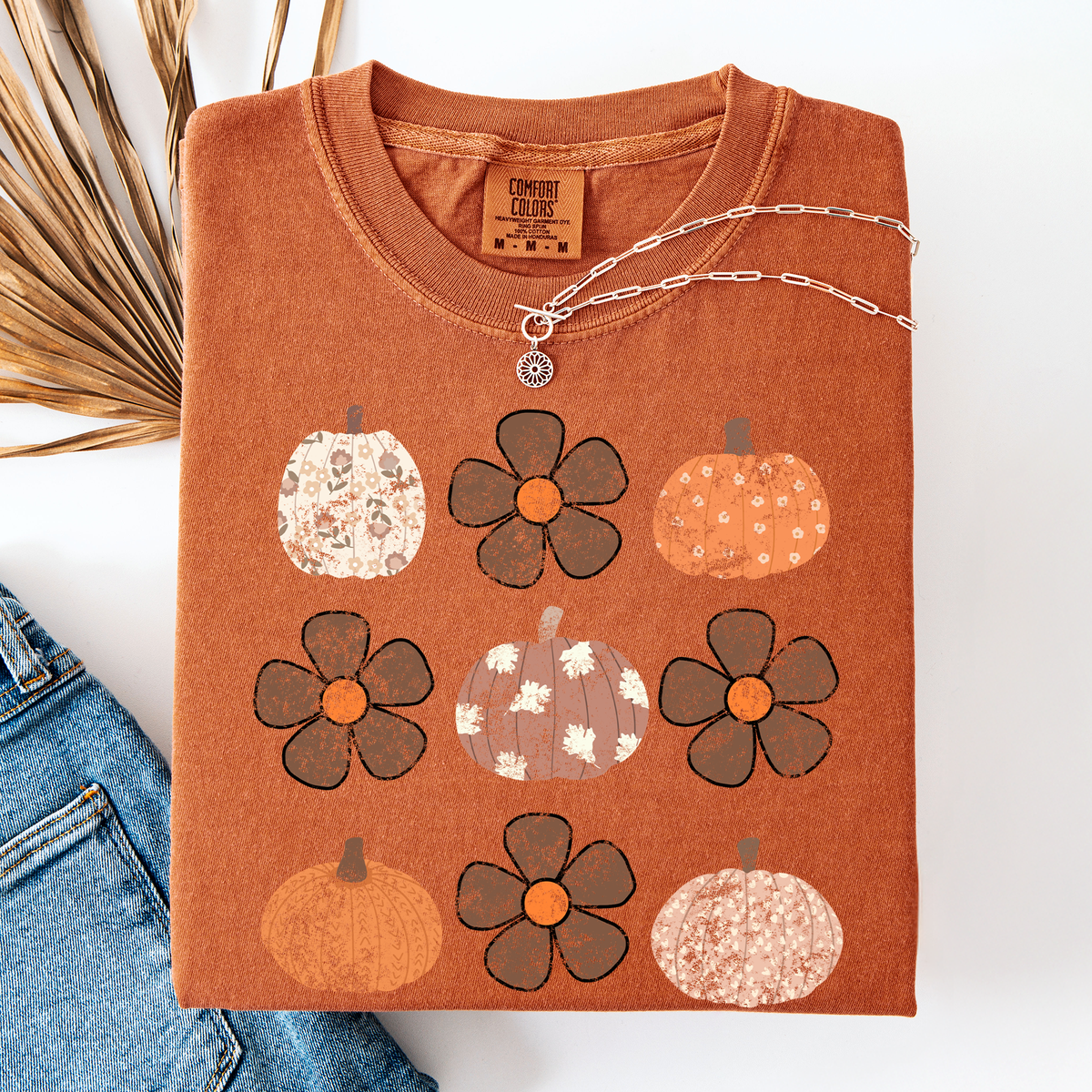 Retro Halloween Watercolor Floral Pumpkin Pattern Autumn Fall Comfort Colors Tee