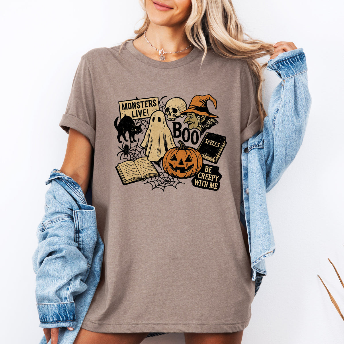 Retro Halloween Monsters Witch Creepy Checkered Pattern Ghosts Bats Bold Graphic Tee