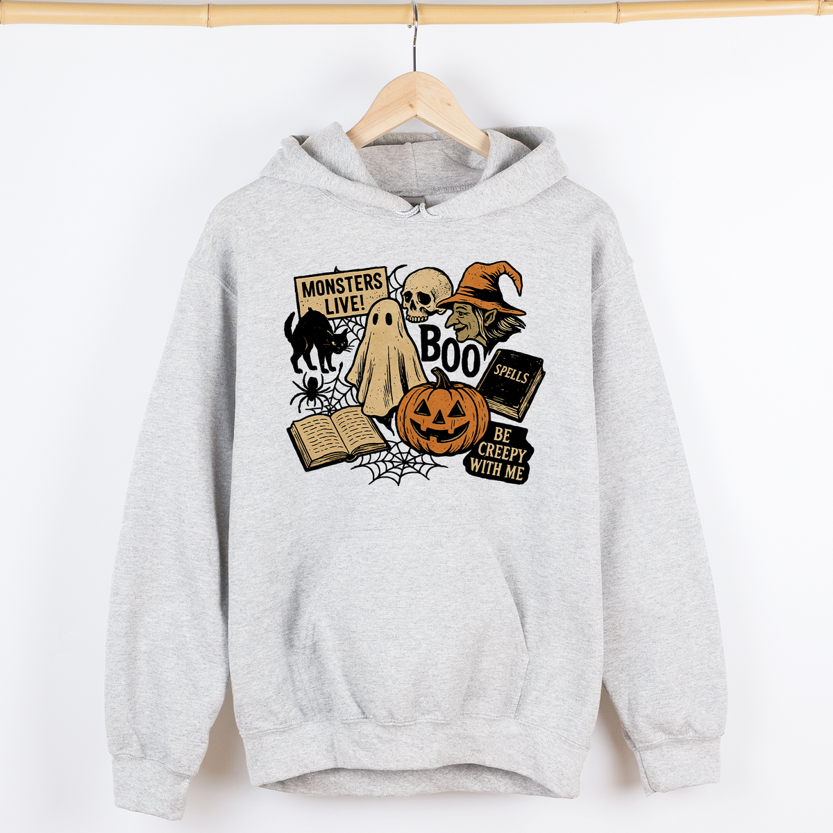 Retro Halloween Monsters Witch Creepy Reading Ghost Vintage Illustration Graphic Hoodie